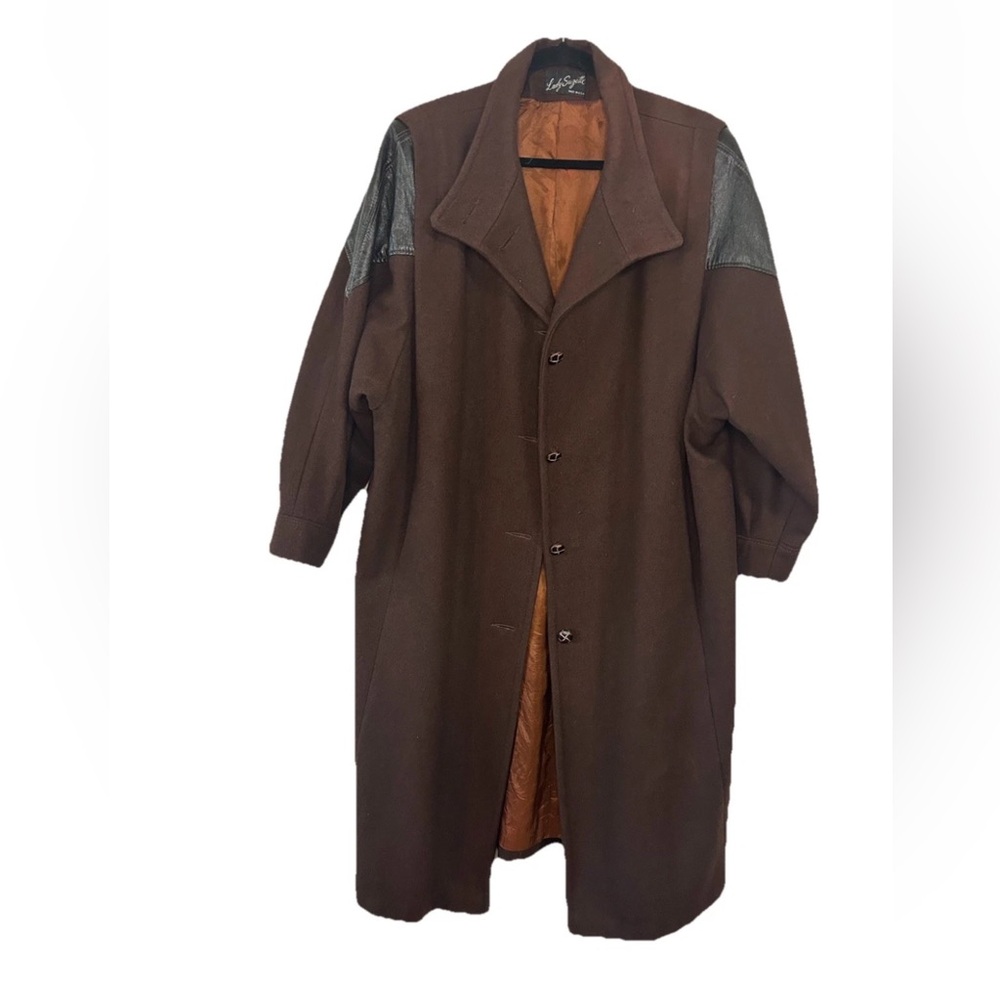 VTG Womens Brown Wool & Leather Maxi Duster Coat USA Oversized 80s XXL Bohemian - Picture 3 of 16